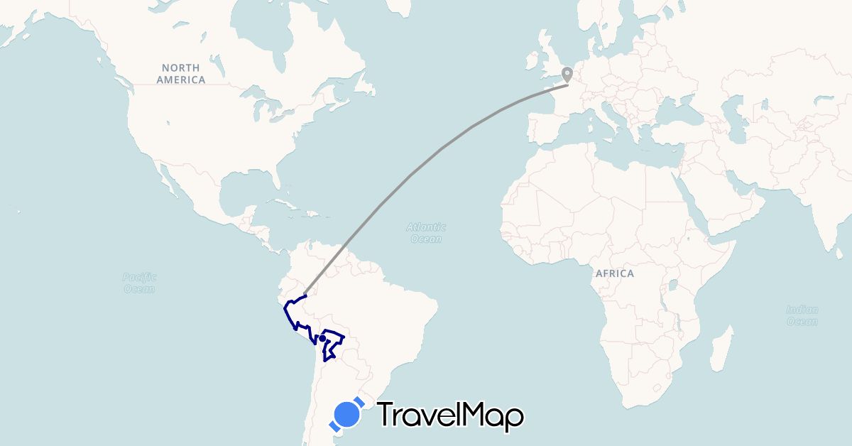 TravelMap itinerary: driving, plane in Bolivia, France, Peru (Europe, South America)